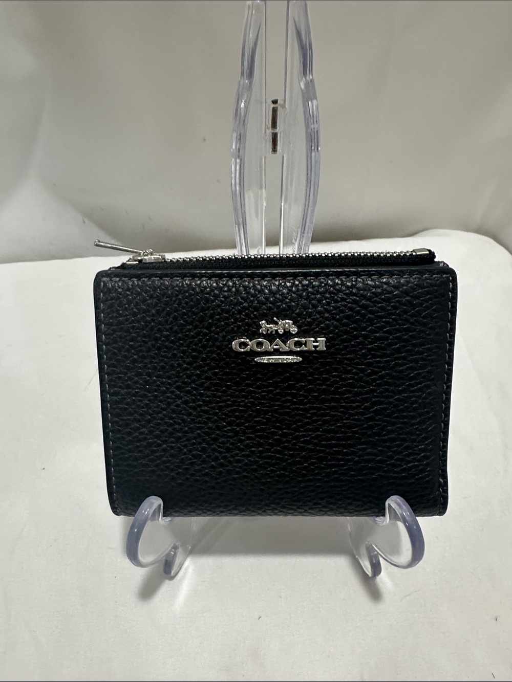 Coach Black Pebbled Leather Compact Wallet with Silver Logo NWOT - Picture 2 of 5
